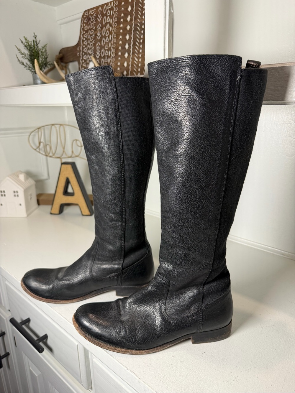 Frye Womens 8B Black Leather Tall Riding Boots Stretch Back Equestrian Classic